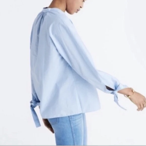 Madewell Blue/White Striped Popover Blouse Tie Sleeve Women's S EXCELLENT COND! - Picture 2 of 9